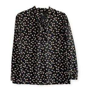 Uniqlo Black Heart print tie neck blouse, size XS
